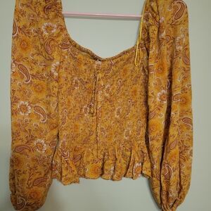 Patrons of Peace Mustard Paisley Smocked Peplum Blouse — Size Small